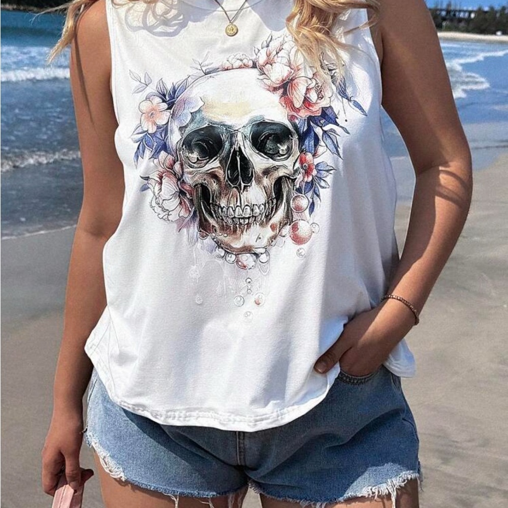 Floral Skull Graphic White Tank Top